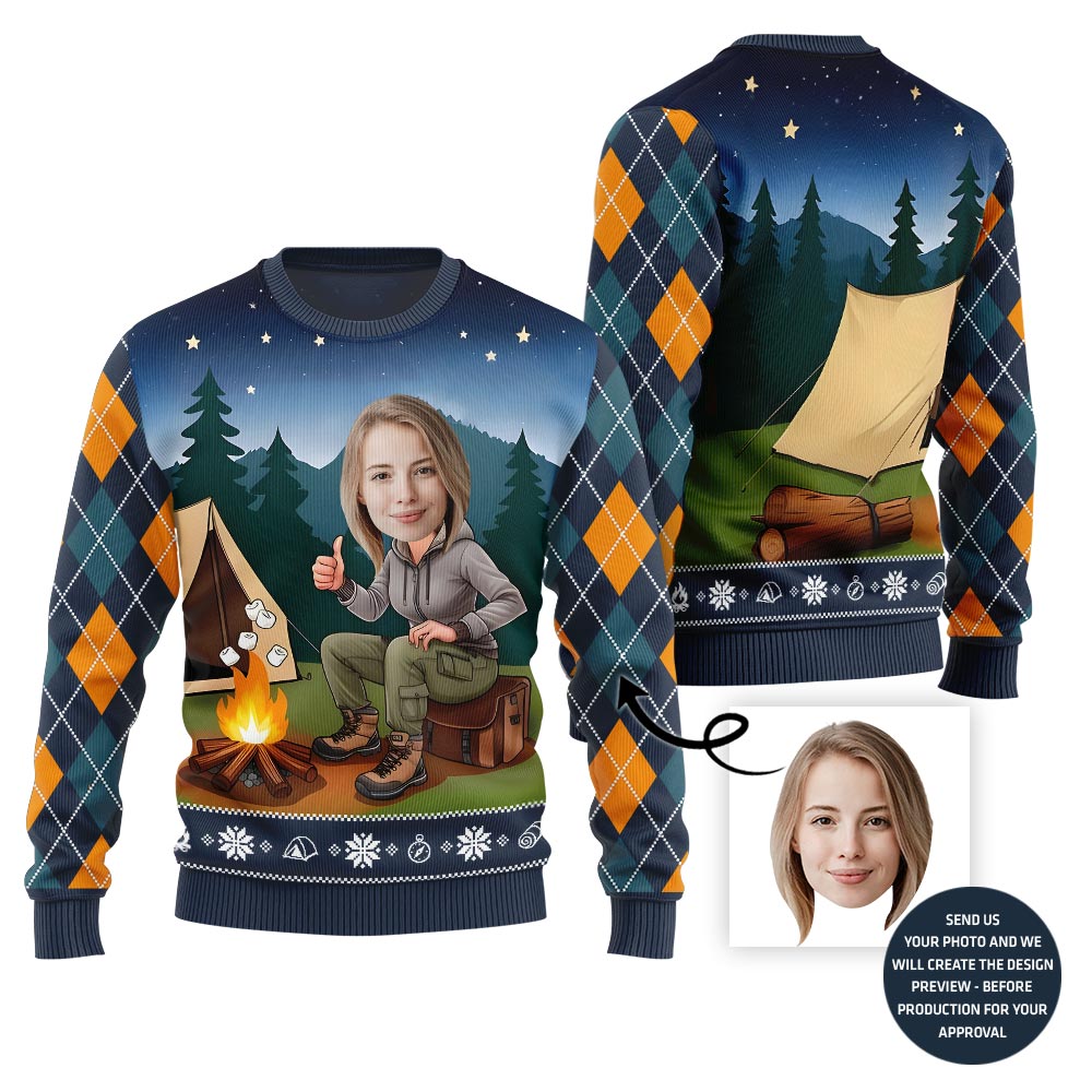 Custom Face Camping Ugly Holiday Sweater