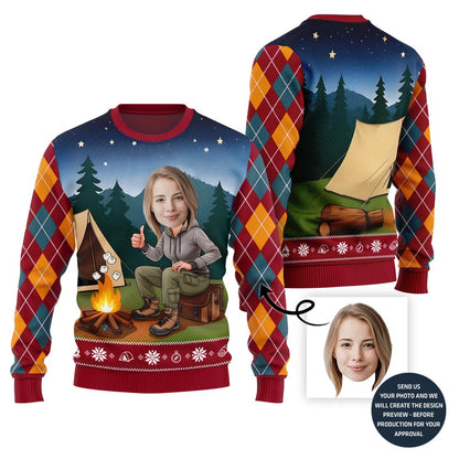 Custom Face Camping Ugly Holiday Sweater