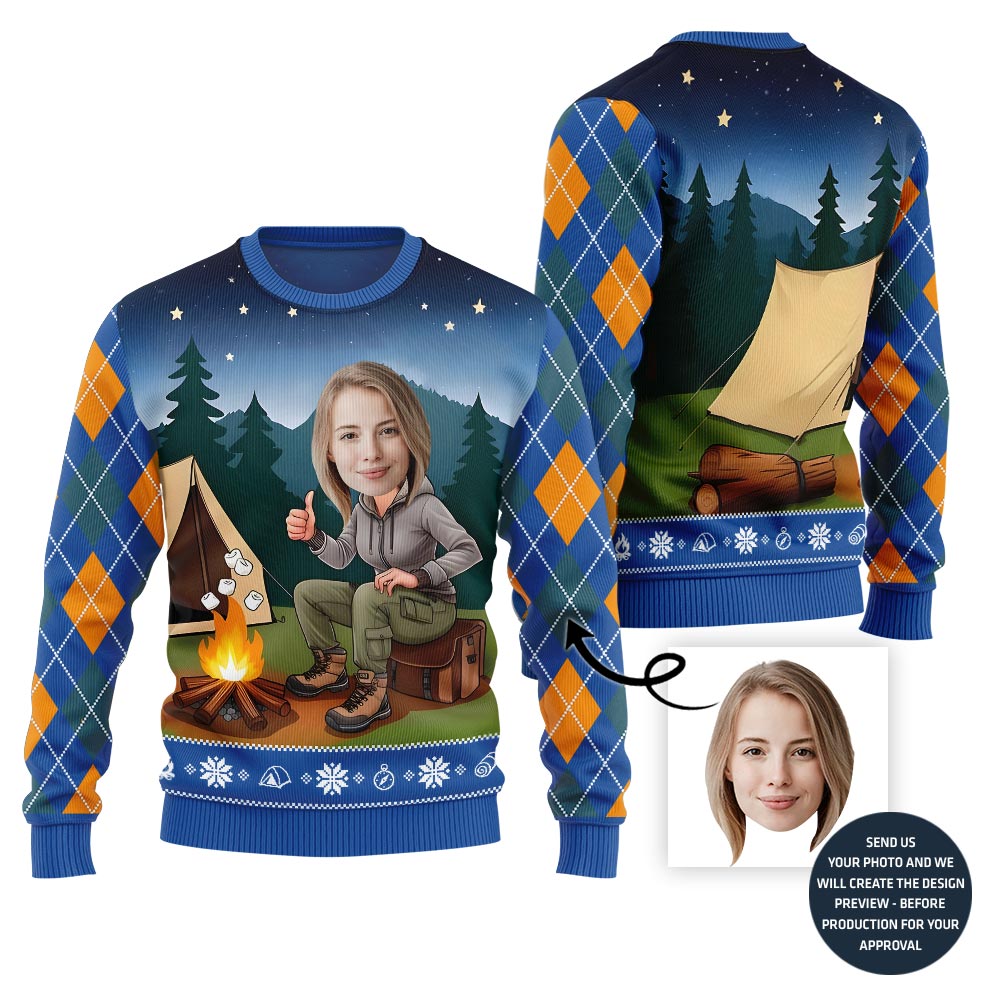 Custom Face Camping Ugly Holiday Sweater