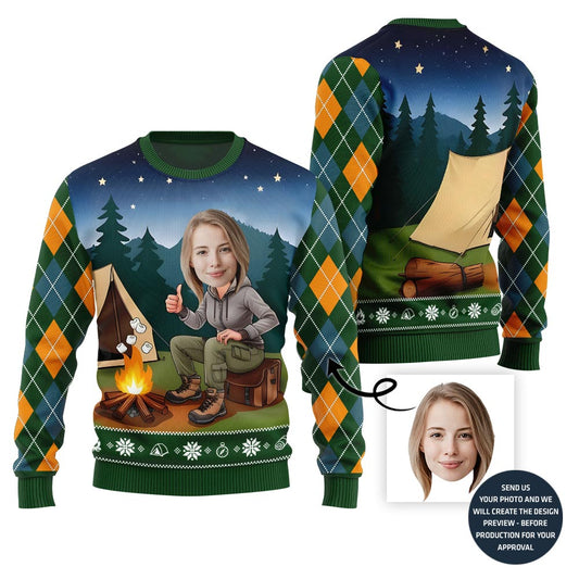 Custom Face Camping Ugly Holiday Sweater