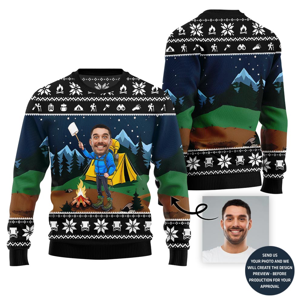 Custom Face Camping Ugly Xmas Sweater
