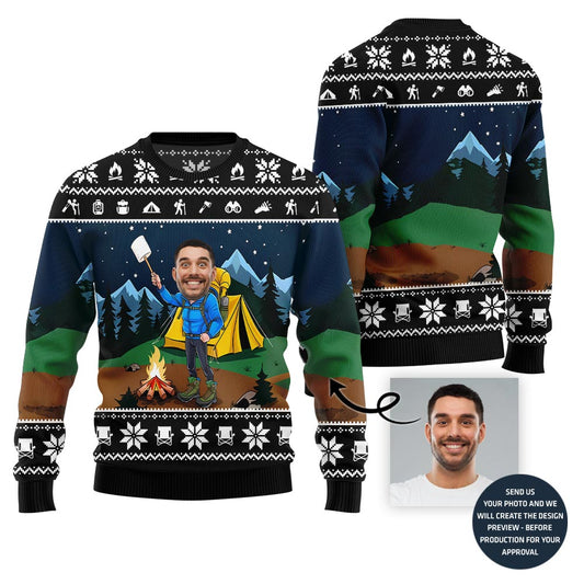 Custom Face Camping Ugly Xmas Sweater