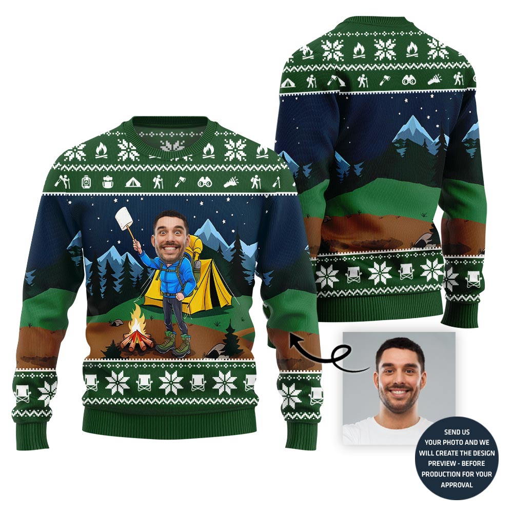 Custom Face Camping Ugly Xmas Sweater