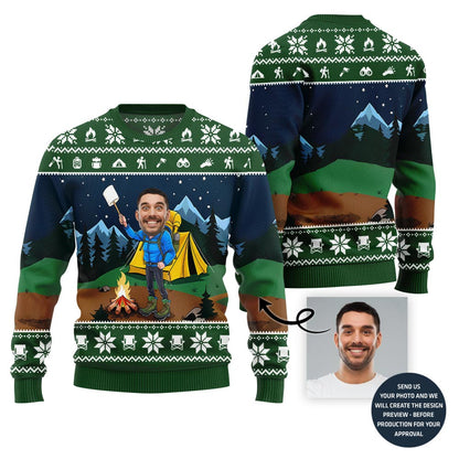 Custom Face Camping Ugly Xmas Sweater