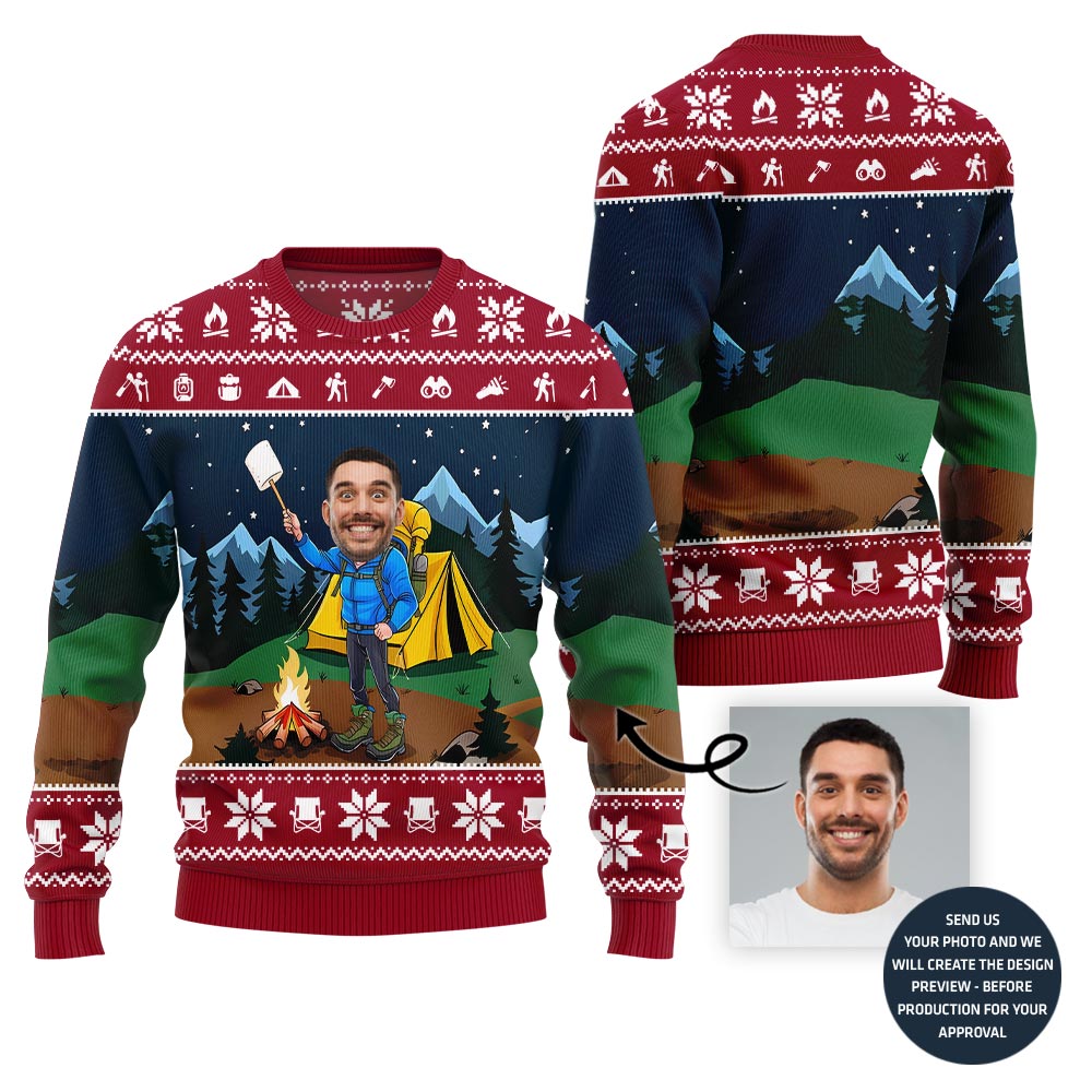 Custom Face Camping Ugly Xmas Sweater