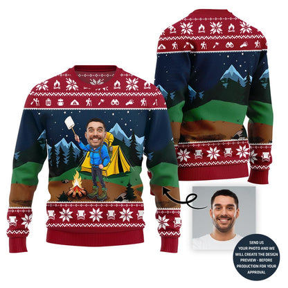 Custom Face Camping Ugly Xmas Sweater