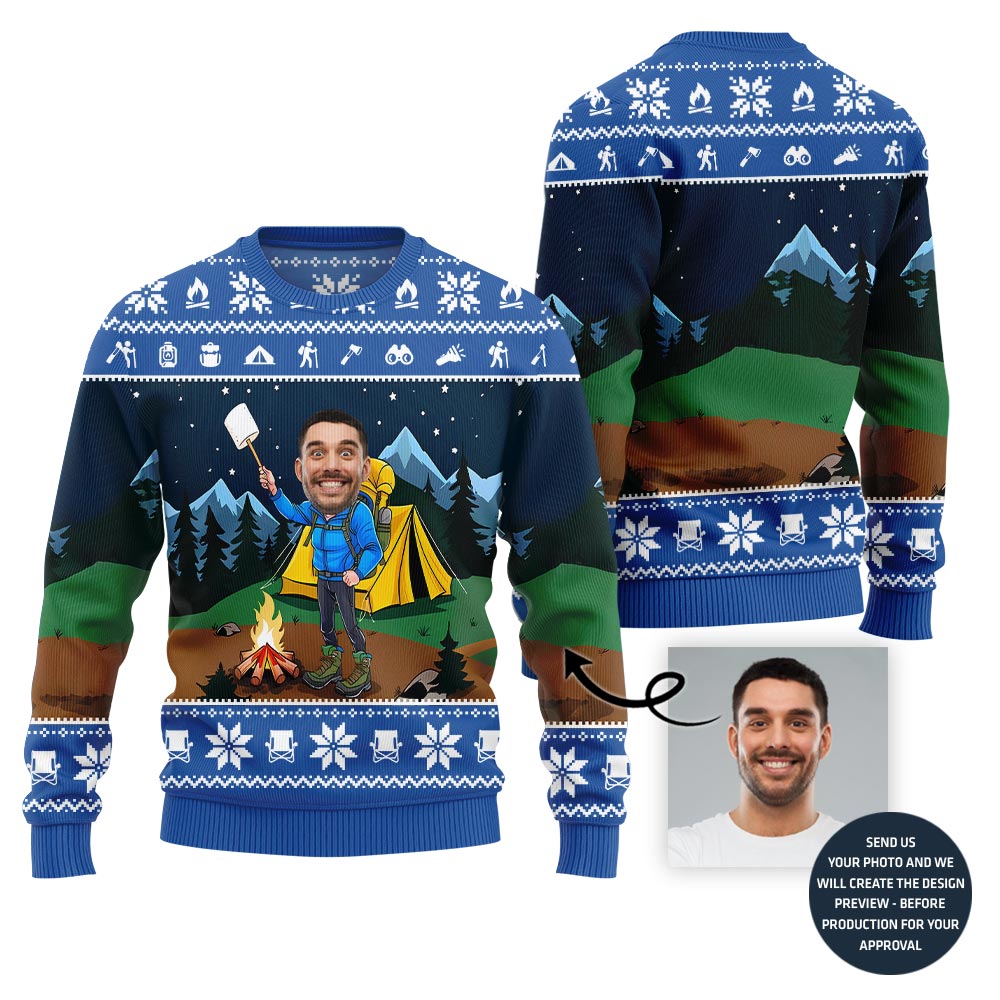 Custom Face Camping Ugly Xmas Sweater