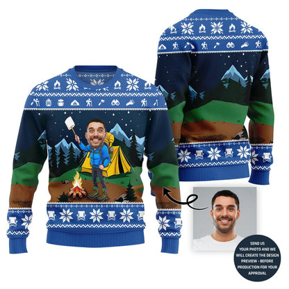Custom Face Camping Ugly Xmas Sweater