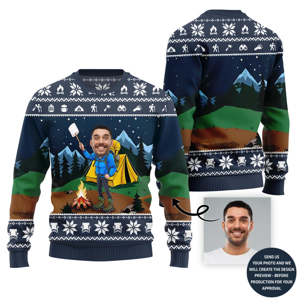 Custom Face Camping Ugly Xmas Sweater