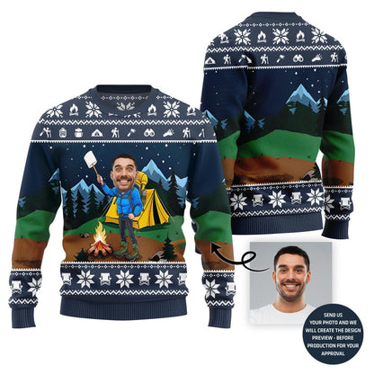 Custom Face Camping Ugly Xmas Sweater