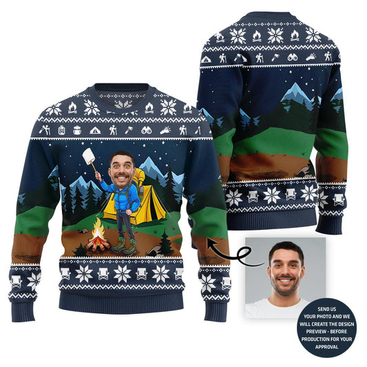 Custom Face Camping Ugly Xmas Sweater