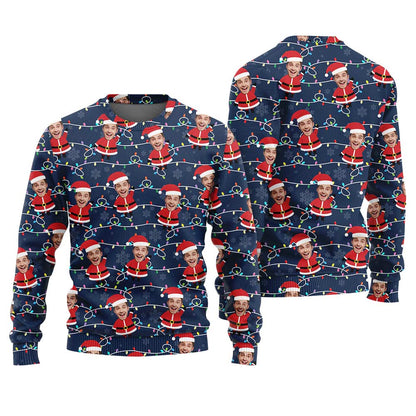 Custom Face Christmas Bulbs Ugly Sweater Navy