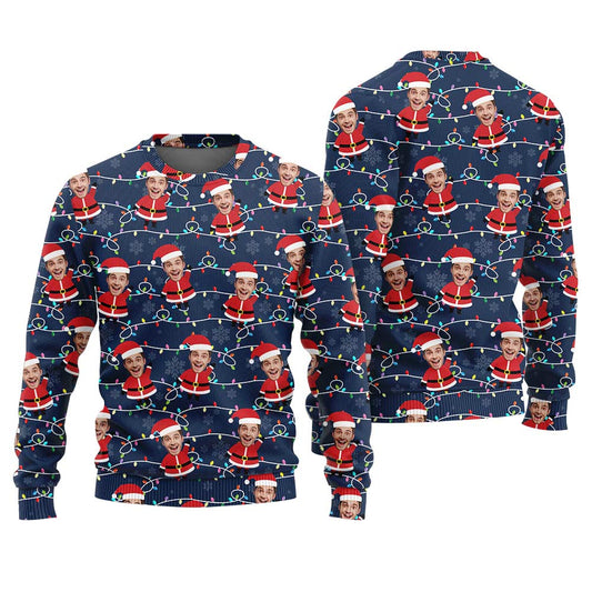 Custom Face Christmas Bulbs Ugly Sweater Navy