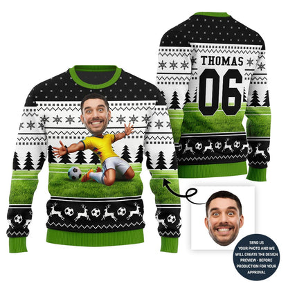 Custom Face Christmas Sweater For Soccer Player
