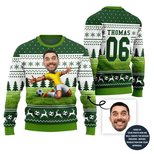 Custom Face Christmas Sweater For Soccer Player