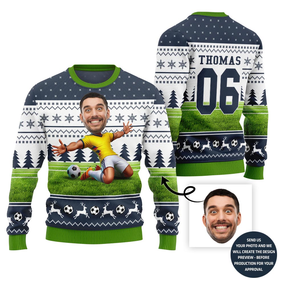 Custom Face Christmas Sweater For Soccer Player