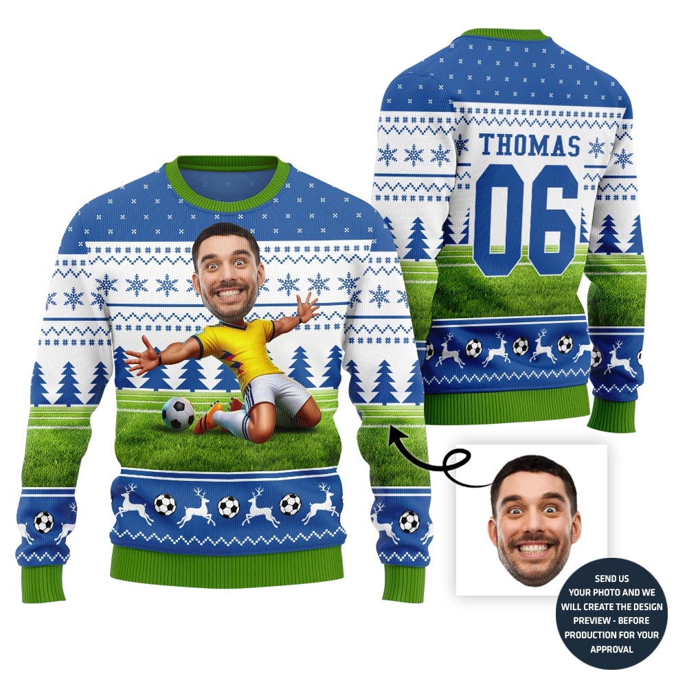 Custom Face Christmas Sweater For Soccer Player