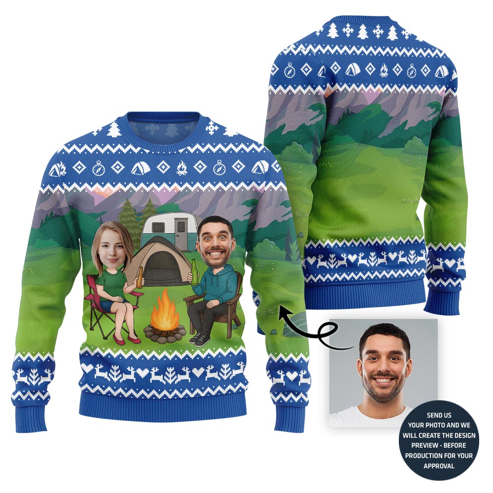 Custom Face Couple Camping Holiday Sweater