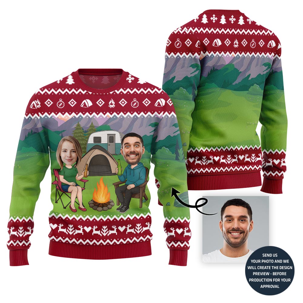 Custom Face Couple Camping Holiday Sweater