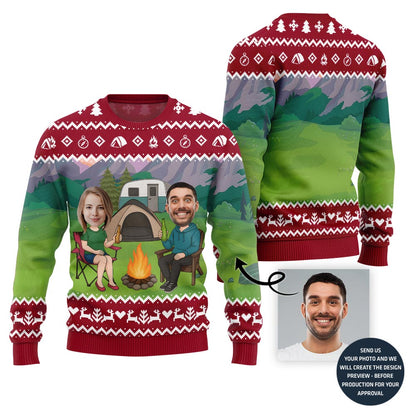 Custom Face Couple Camping Holiday Sweater