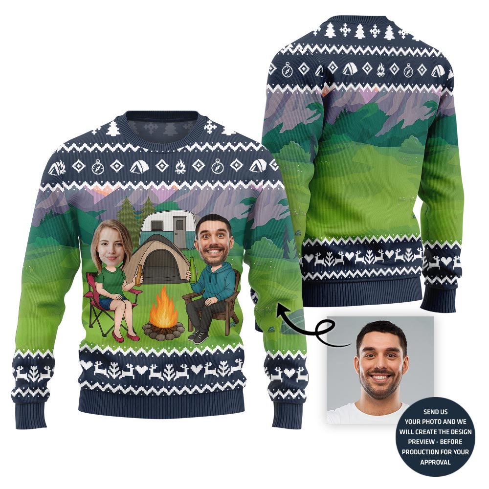 Custom Face Couple Camping Holiday Sweater