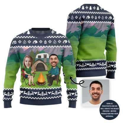 Custom Face Couple Camping Holiday Sweater