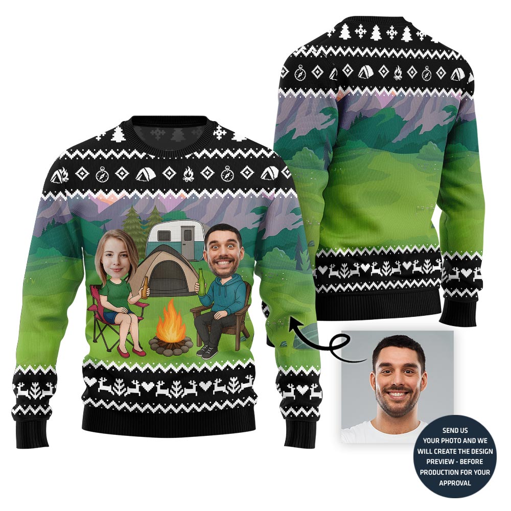 Custom Face Couple Camping Holiday Sweater