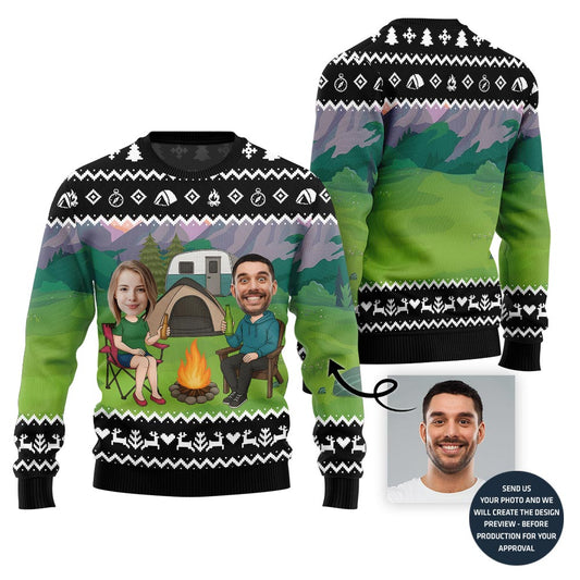 Custom Face Couple Camping Holiday Sweater