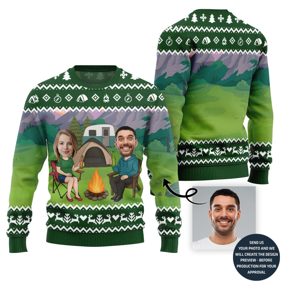 Custom Face Couple Camping Holiday Sweater