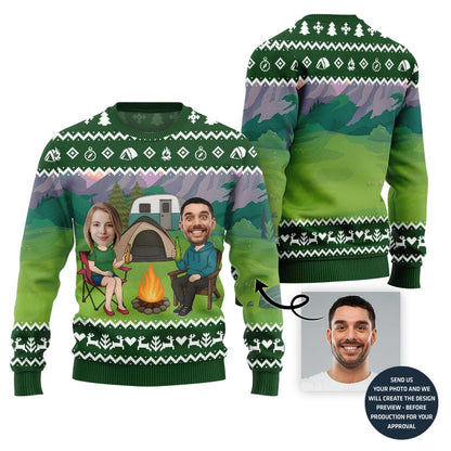 Custom Face Couple Camping Holiday Sweater
