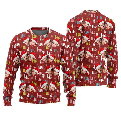 Custom Face Couple HO HO HO Santa Ugly Sweater Cardinal Red