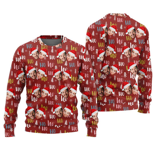 Custom Face Couple HO HO HO Santa Ugly Sweater Cardinal Red