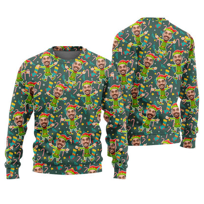 Custom Face Elf Ugly Sweater Green