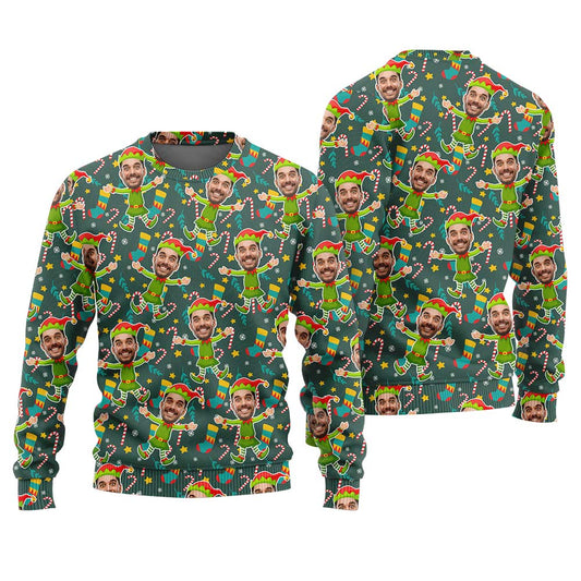 Custom Face Elf Ugly Sweater Green