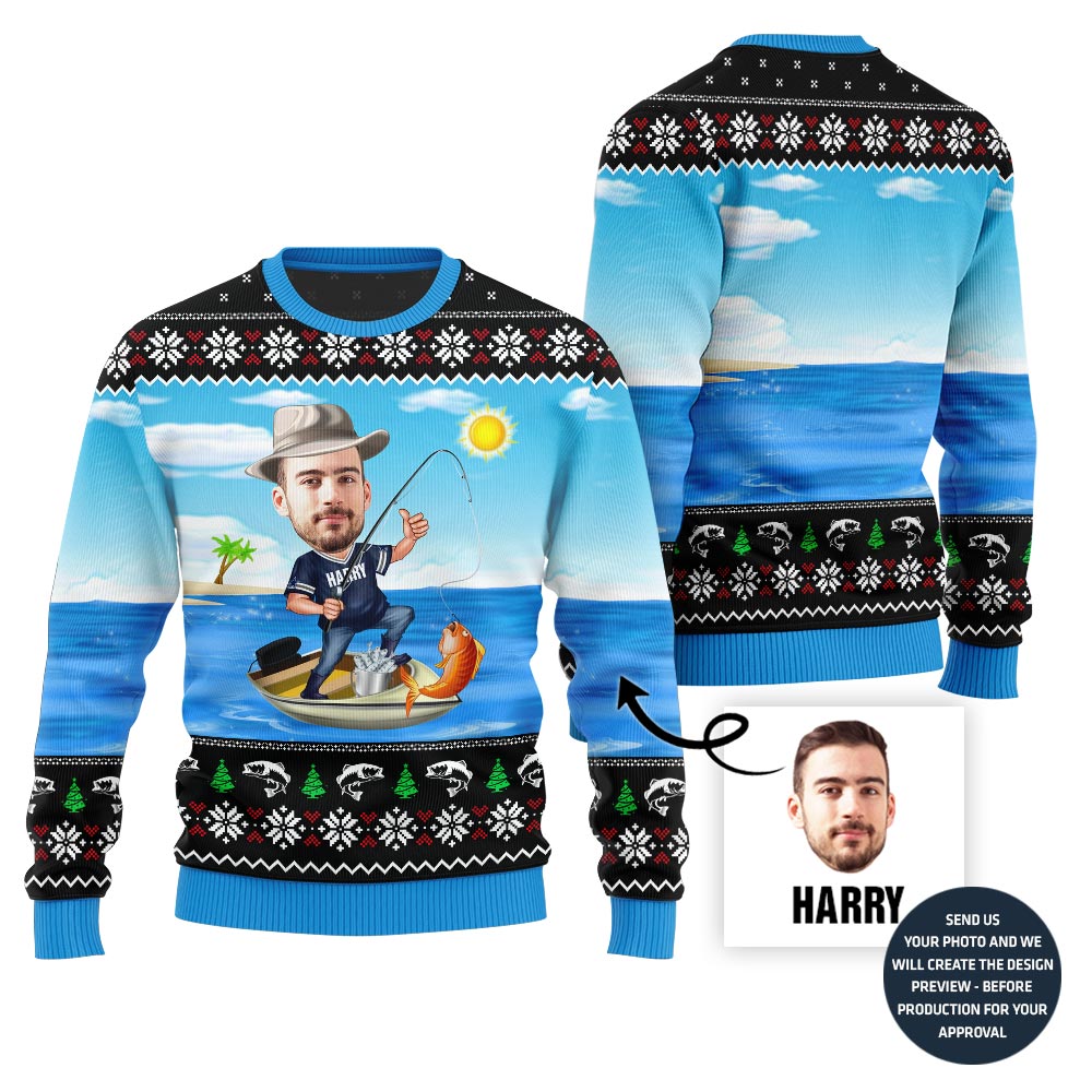 Custom Face Fishing Ugly Holiday Sweater