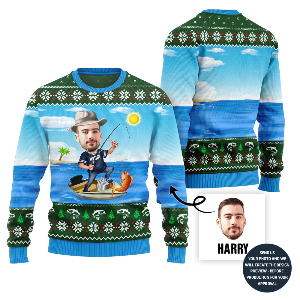 Custom Face Fishing Ugly Holiday Sweater