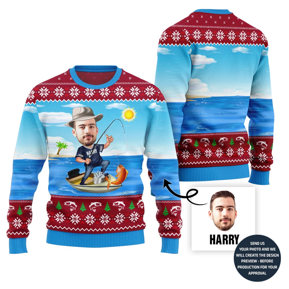 Custom Face Fishing Ugly Holiday Sweater