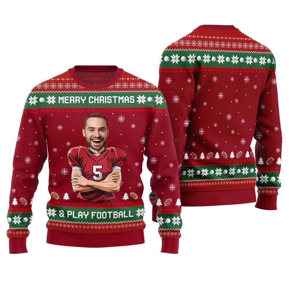 Custom Face Football Player Funny Christmas Sweater For Men