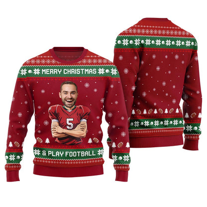 Custom Face Football Player Funny Christmas Sweater For Men