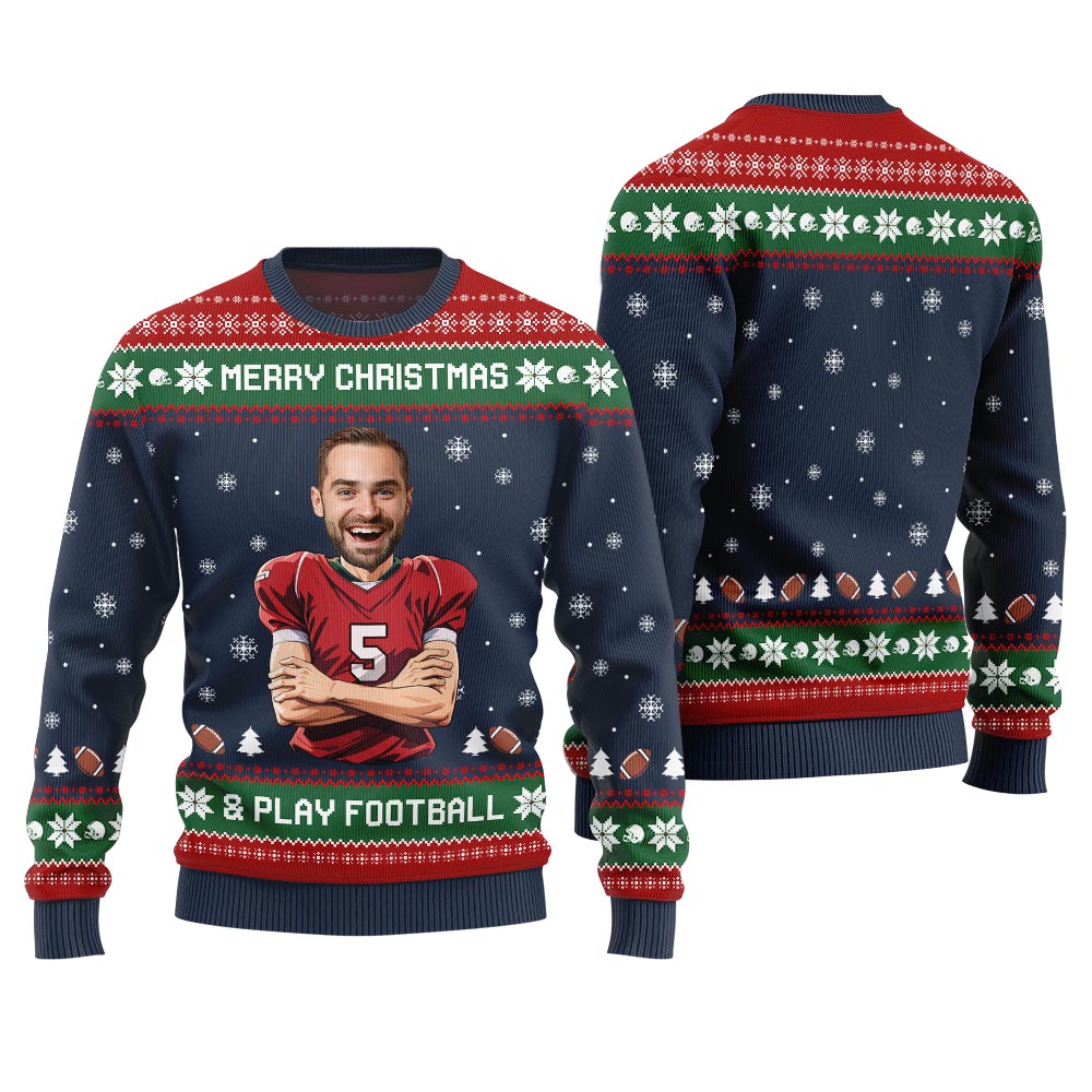 Custom Face Football Player Funny Christmas Sweater For Men