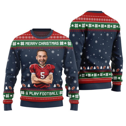 Custom Face Football Player Funny Christmas Sweater For Men