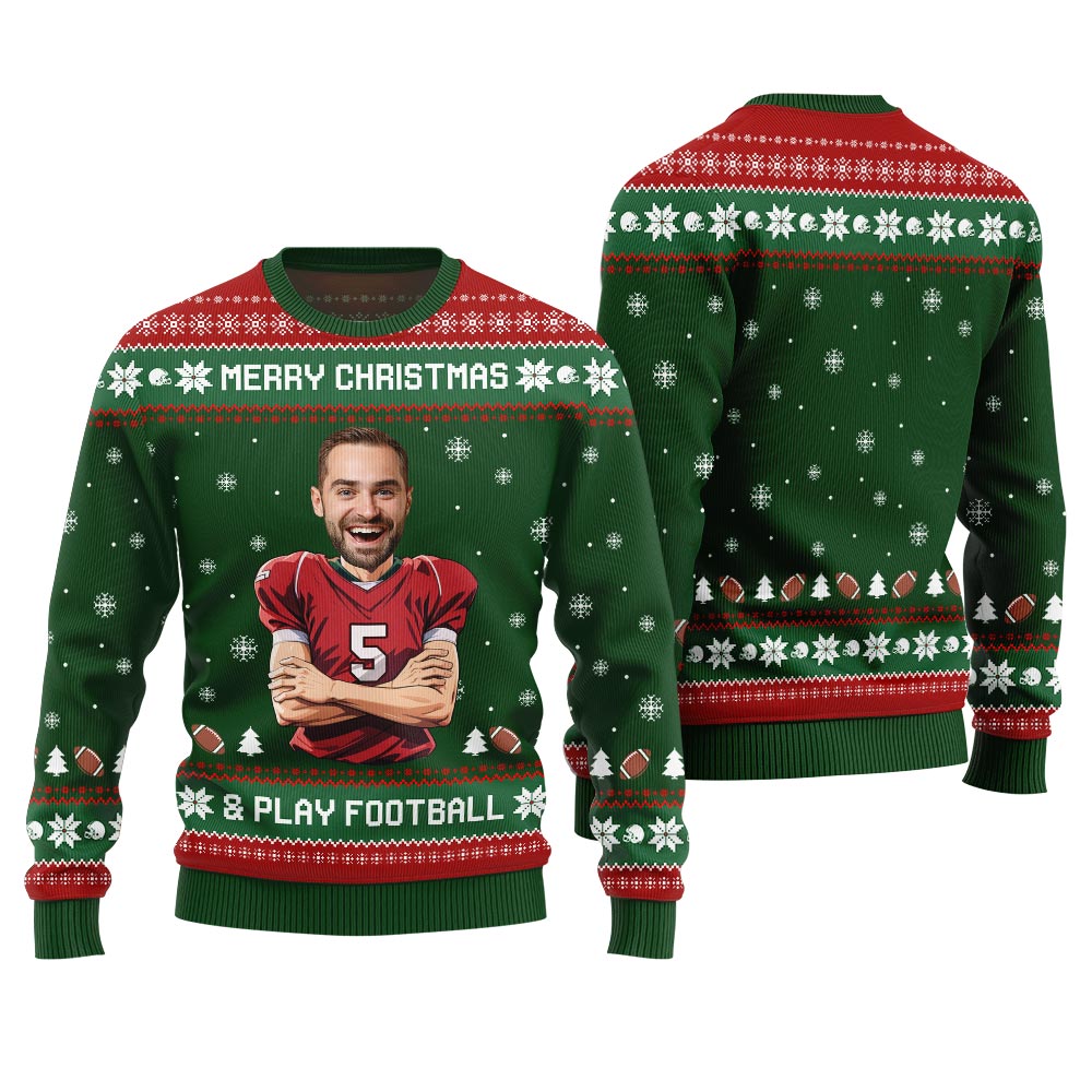 Custom Face Football Player Funny Christmas Sweater For Men