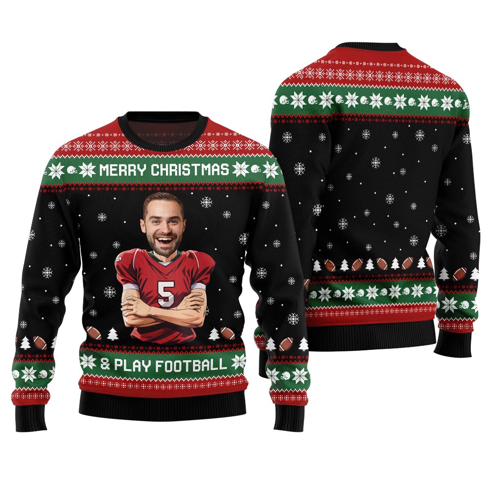 Custom Face Football Player Funny Christmas Sweater For Men