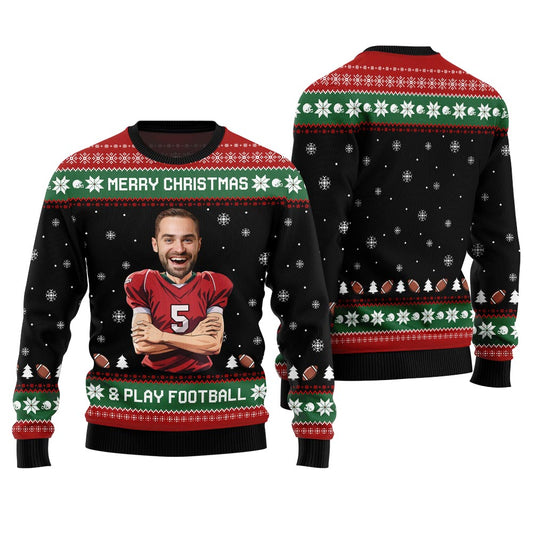 Custom Face Football Player Funny Christmas Sweater For Men