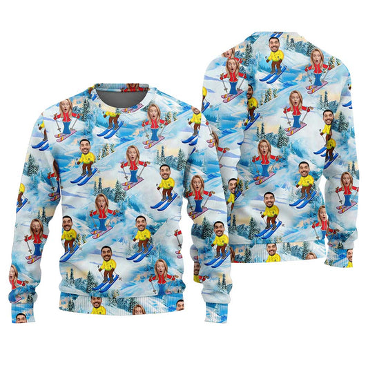 Custom Face For Couple Skiing Ugly Christmas Sweater Baby Blue