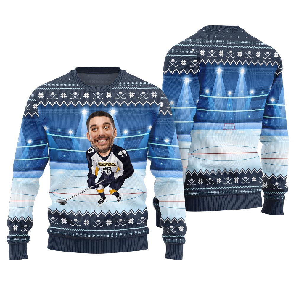 Custom Face Hockey Player Funny Ugly Christmas Sweater Men