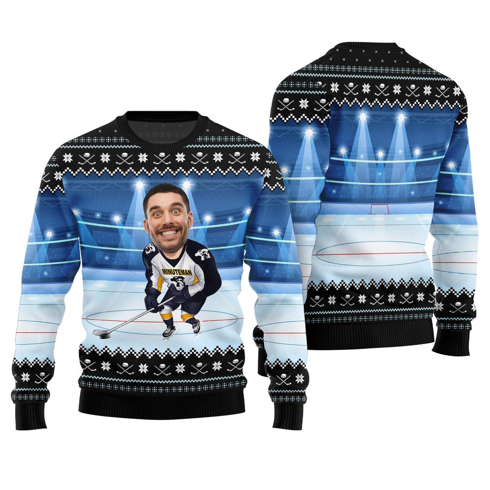Custom Face Hockey Player Plus Size Christmas Sweater