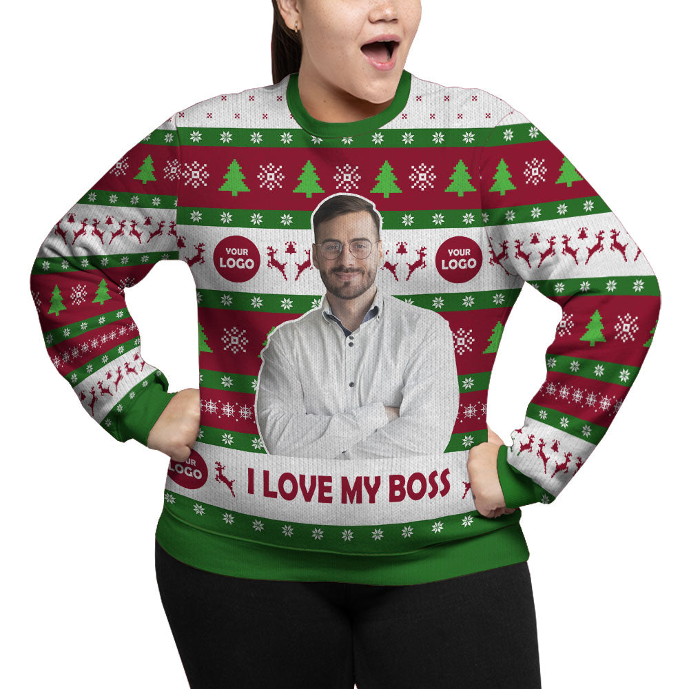Custom Face I Love My Boss Plus Size Xmas Sweater