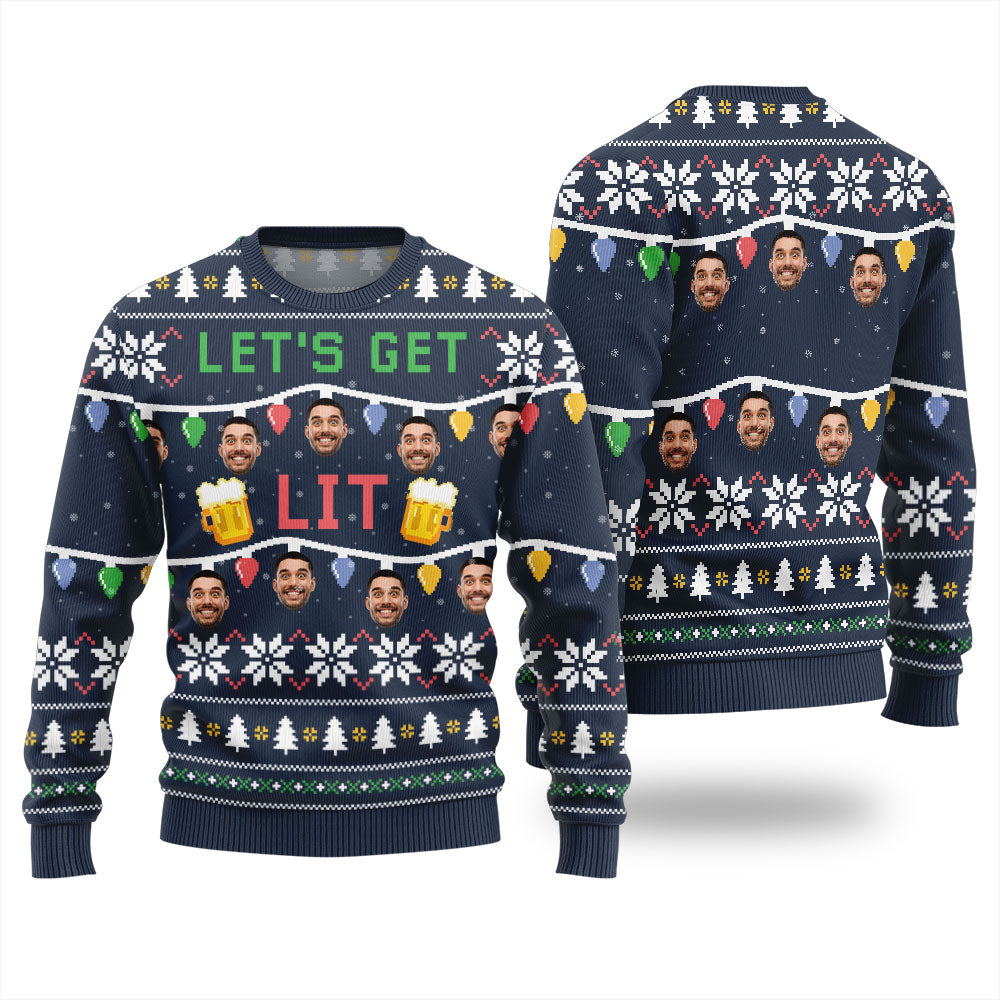 Custom Face Let Get Lit Funny Beer Ugly Christmas Sweater
