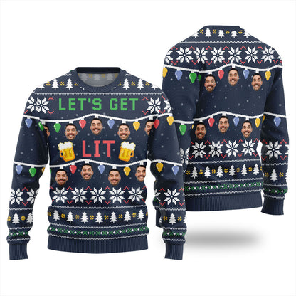 Custom Face Let Get Lit Funny Beer Ugly Christmas Sweater
